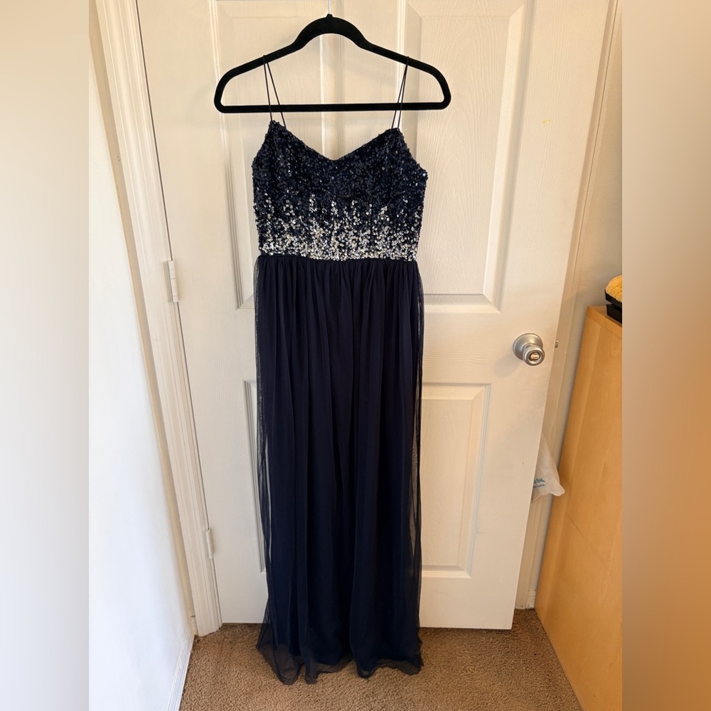 Adrianna Papell Navy Sequin & Tulle Formal Maxi Dress | Size 2